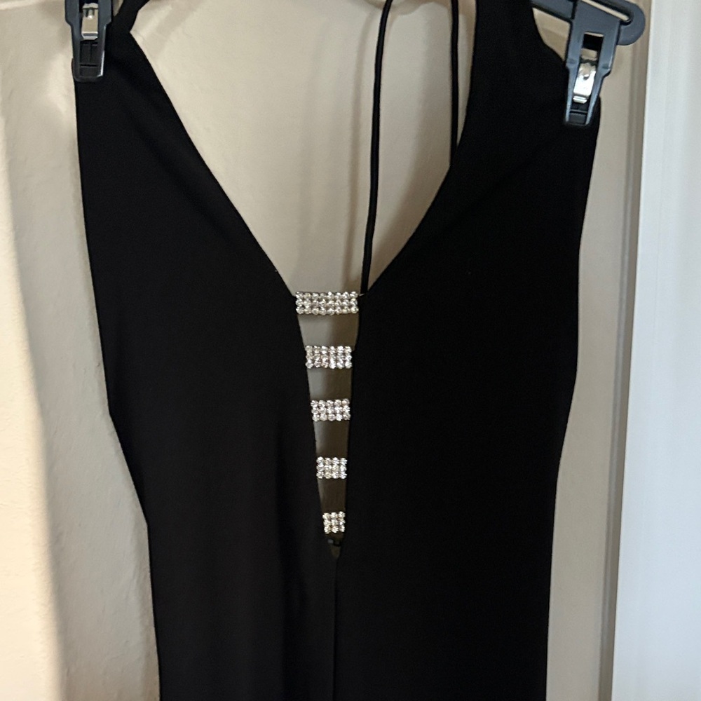 Chic Black Backless Dress with Rhinestone Accents
